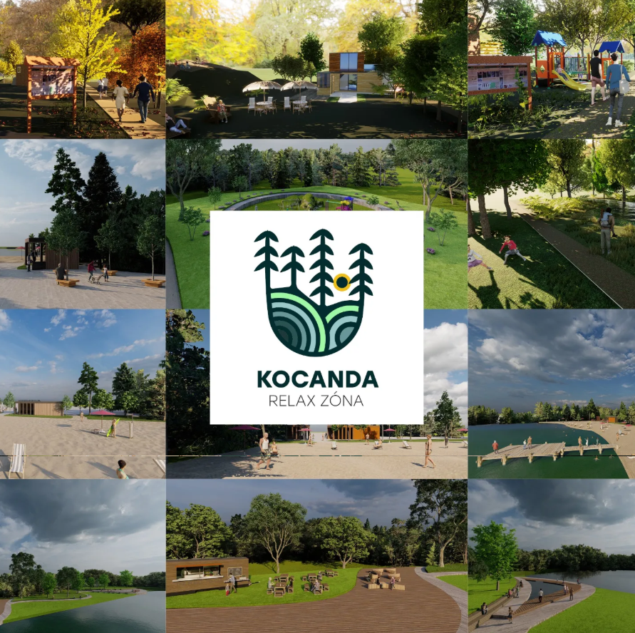 Koláž původních vizualizací Relax zóny Kocanda: přírodní koupaliště, pláž, mola, dětské hřiště a naučná stezka